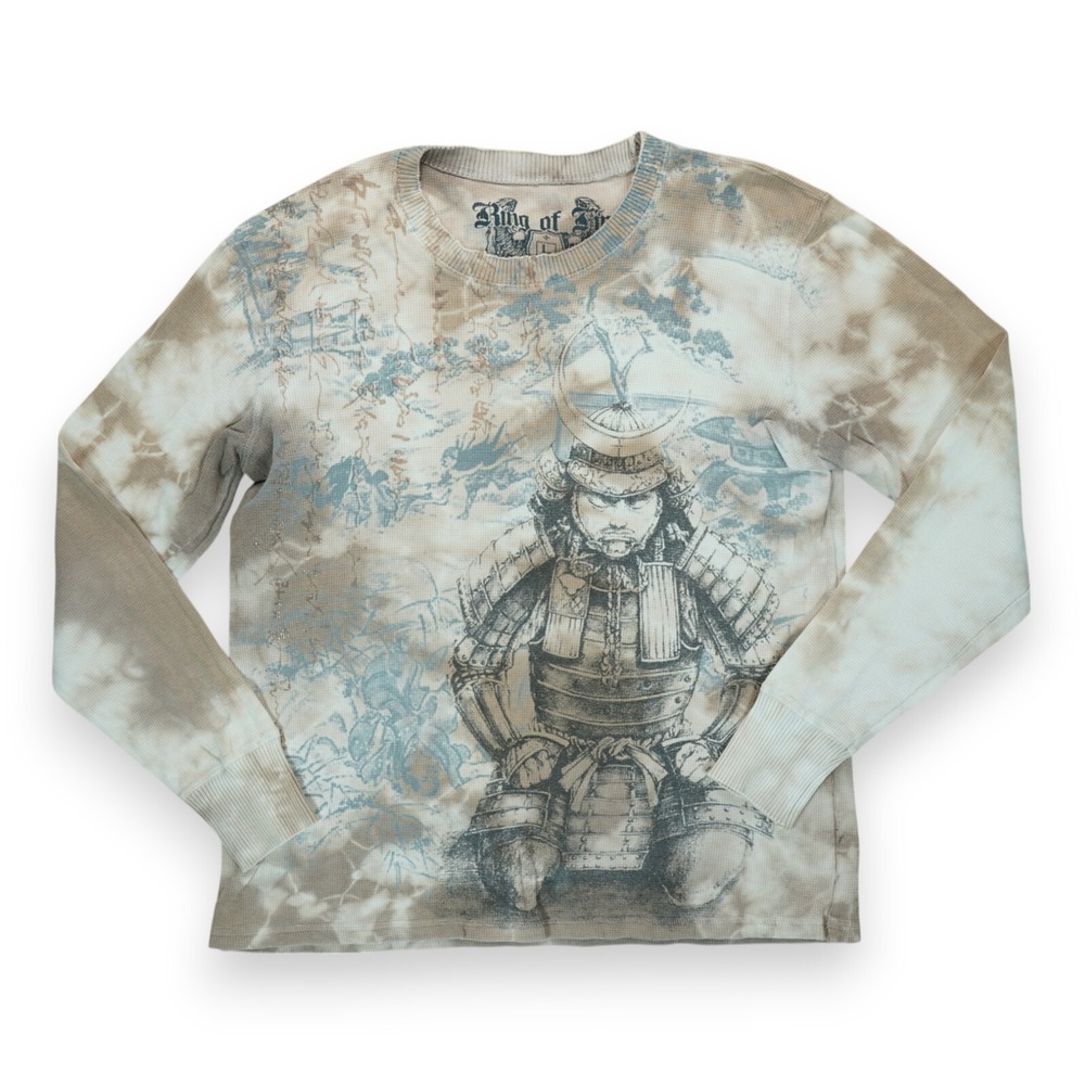 RING OF FIRE Mens‎ Sweatshirt Large Ivory Crewneck Pullover Samurai Graphic